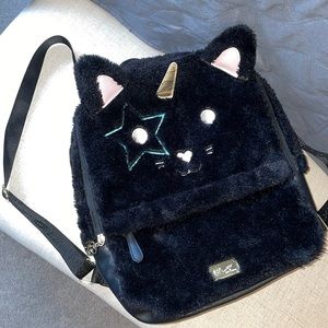 Betsey Johnson cute fuzzy unicorn kitten cat black fur school work bag backpack